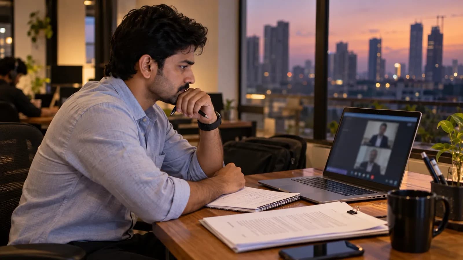 Borrower attending an online arbitration hearing for a loan default on his laptop
