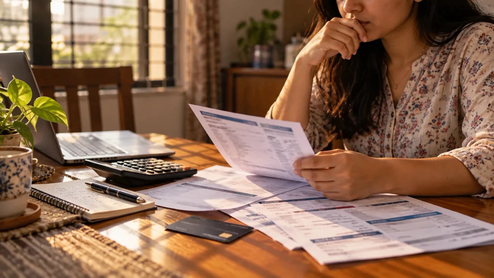 Woman reviewing unpaid credit card statements with a calculator at her dining table