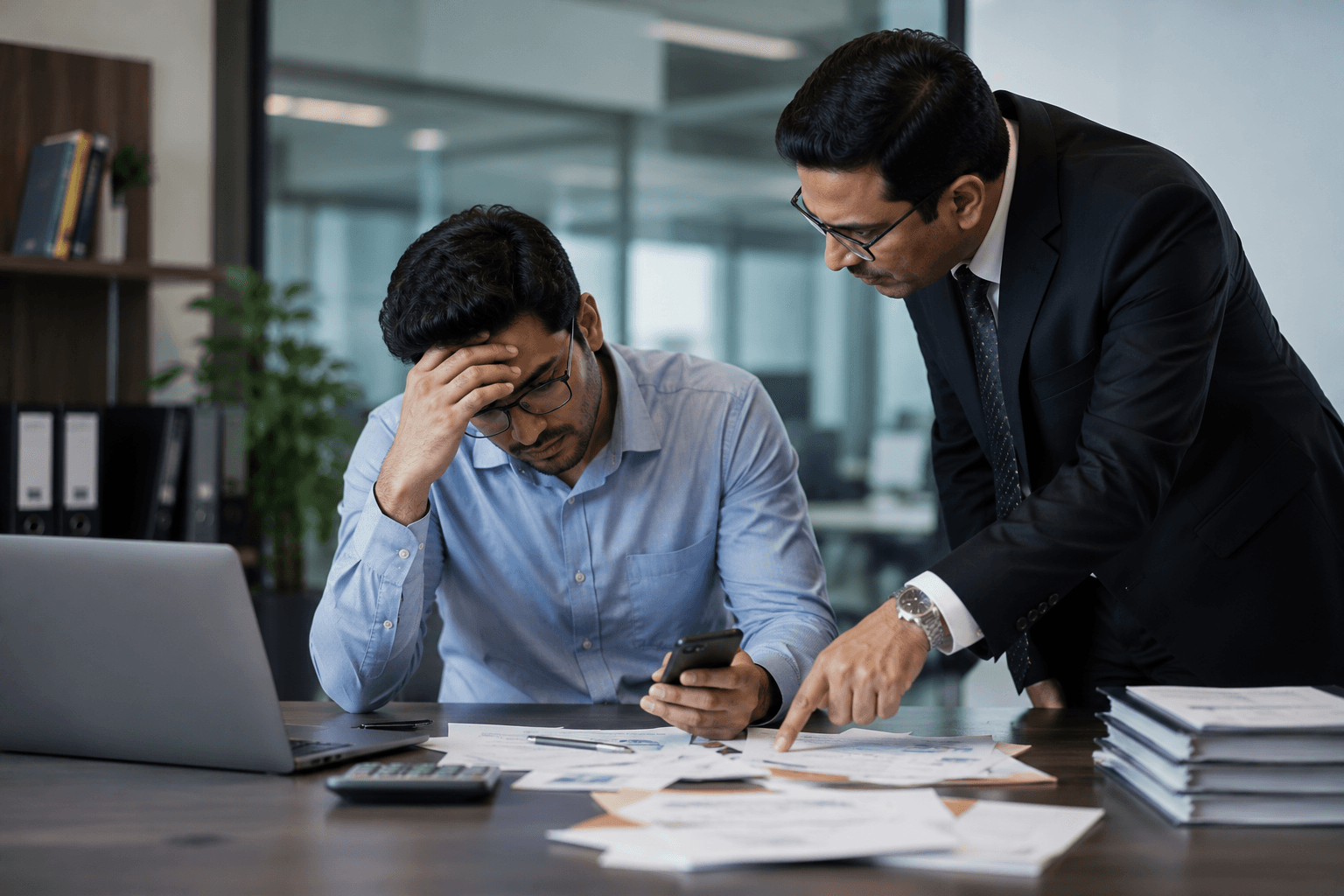 A legal expert reviewing recovery harassment with a worried borrower