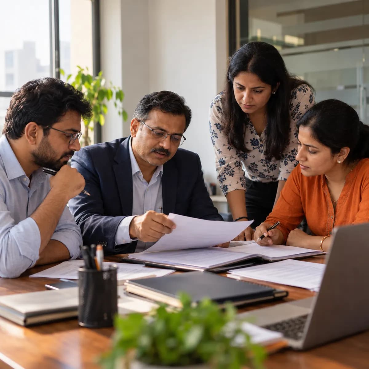 Legal experts at a loan settlement company in India reviewing cases