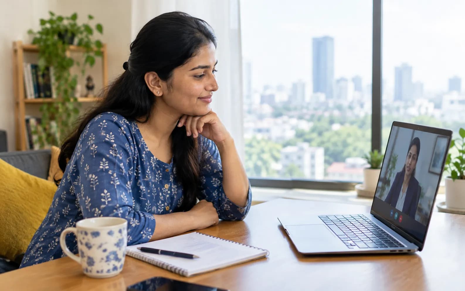 Borrower in a city apartment on a video call with a loan settlement legal expert