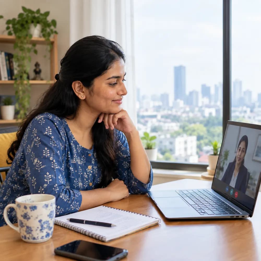 Borrower in a city apartment on a video call with a loan settlement legal expert