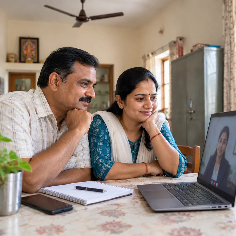 Couple in a small-town home consulting a loan settlement legal expert online