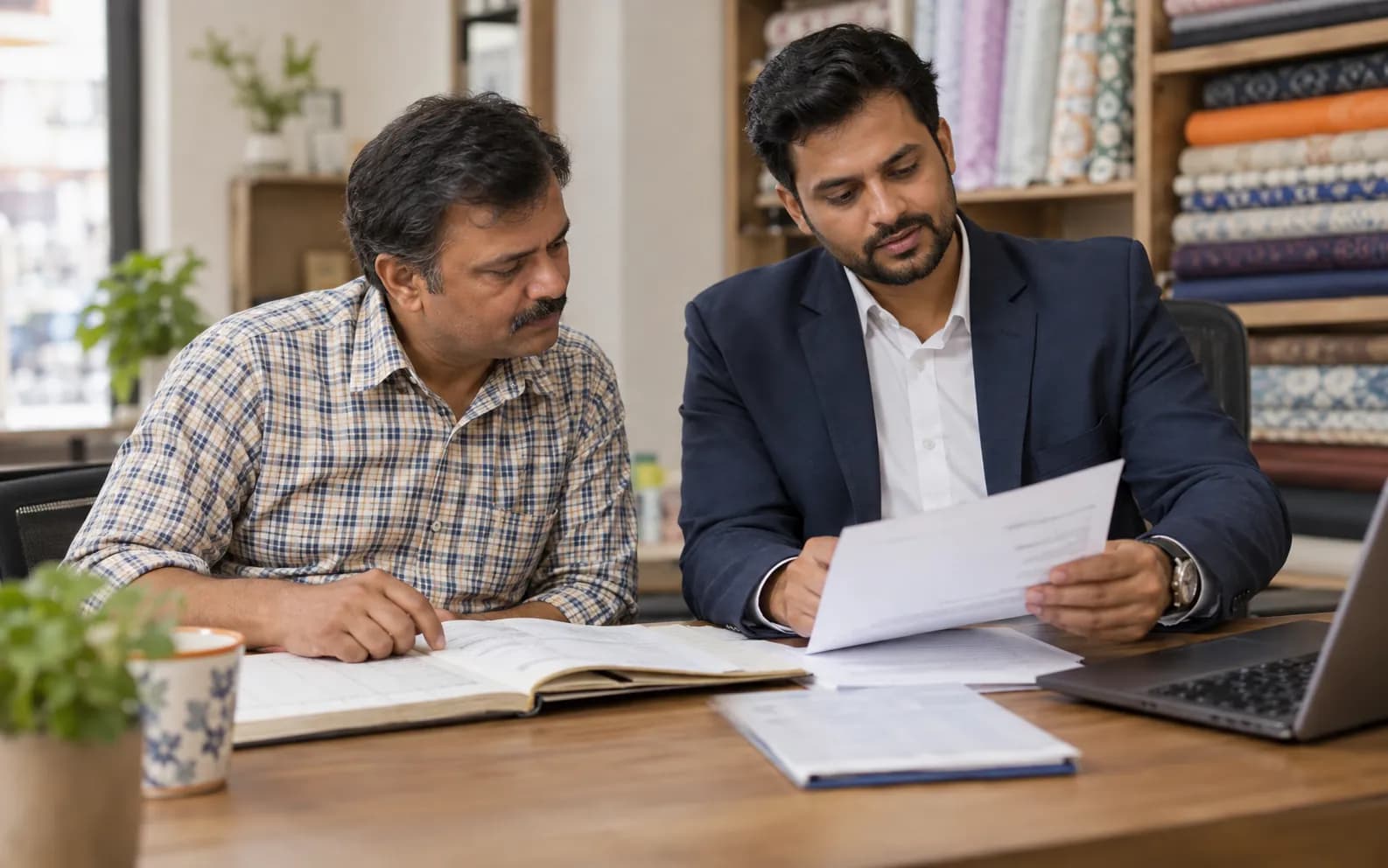 Legal expert reviewing accounts with an MSME owner for business loan settlement