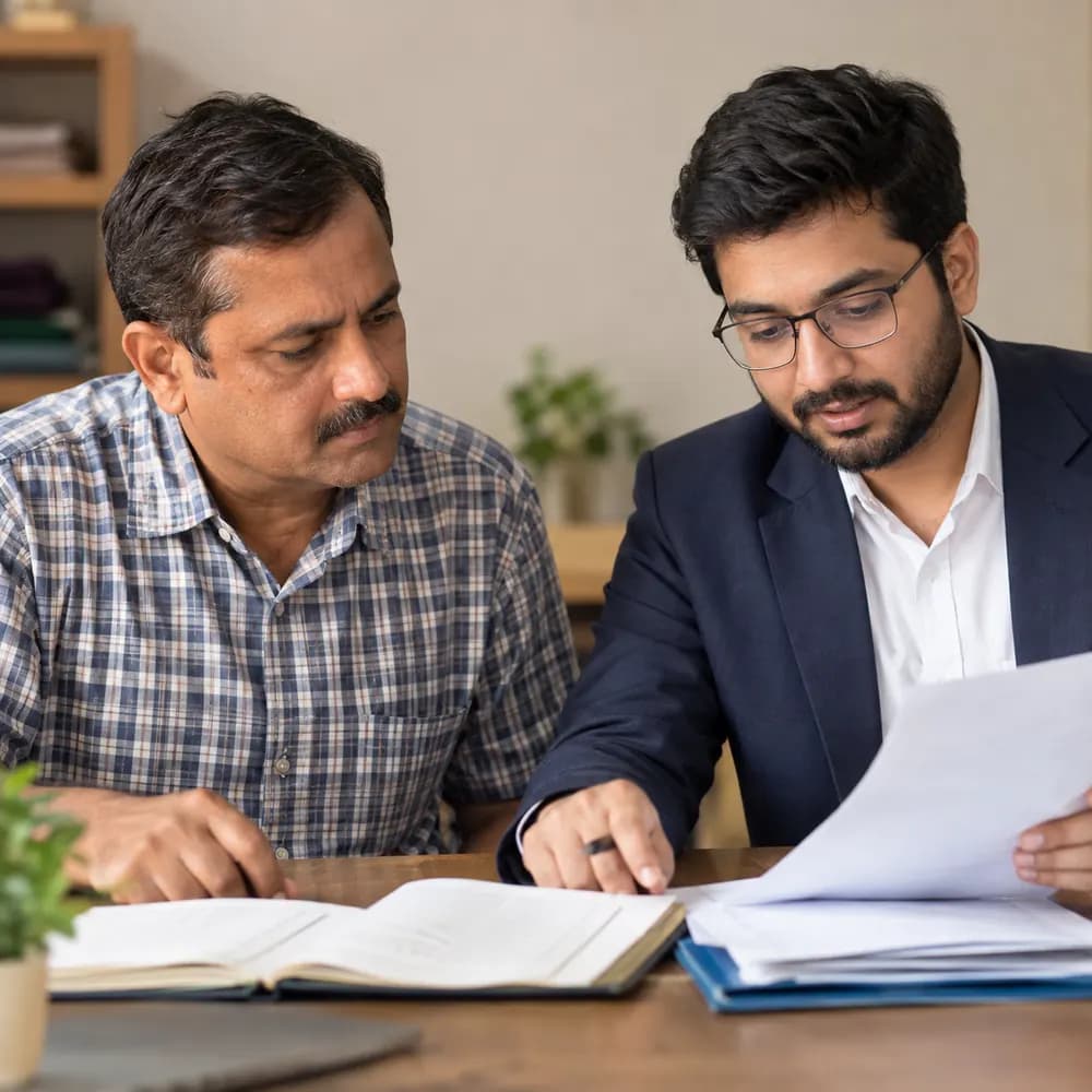 Legal expert reviewing accounts with an MSME owner for business loan settlement