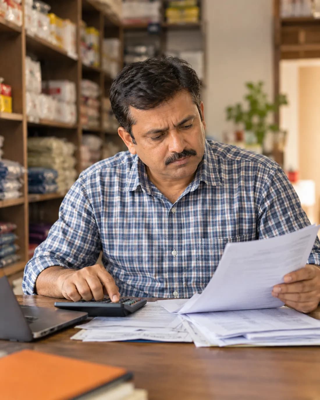 Business owner reviewing GST returns and bank statements before business loan settlement