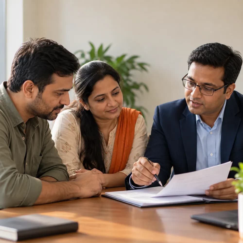 Legal expert explaining loan settlement services to a borrower couple in India