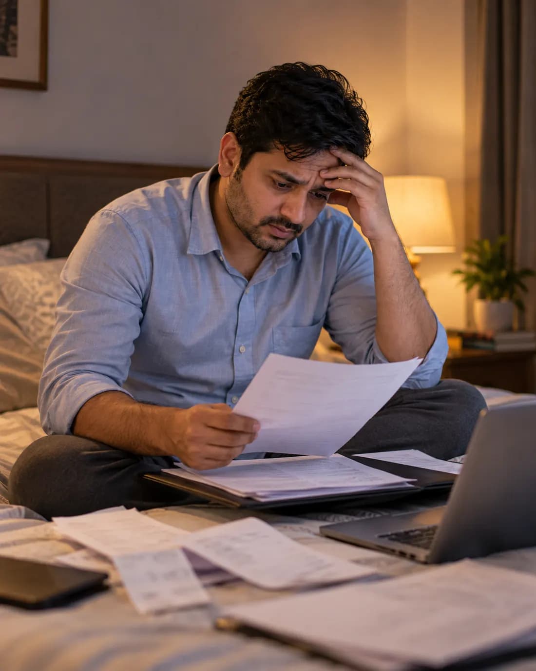 Salaried borrower reviewing loan papers to decide on personal loan settlement