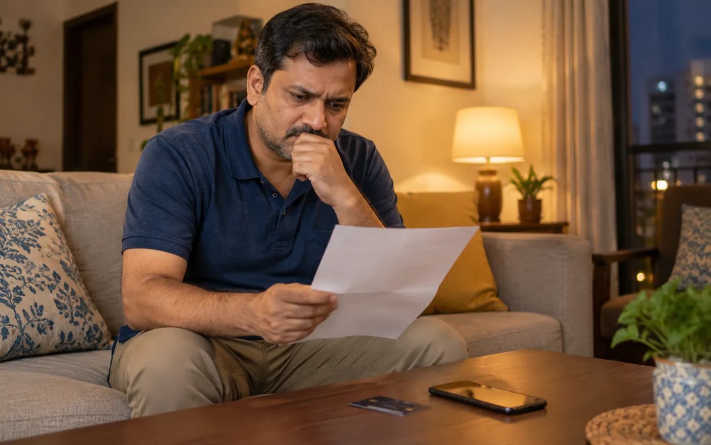 Worried borrower reading a bank letter at home, wondering if you can go to jail for not paying a loan