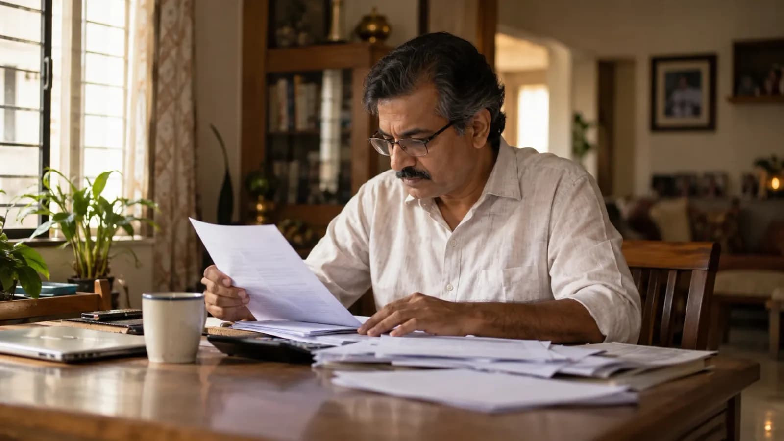 Borrower at home going through loan papers to prepare for a Lok Adalat settlement