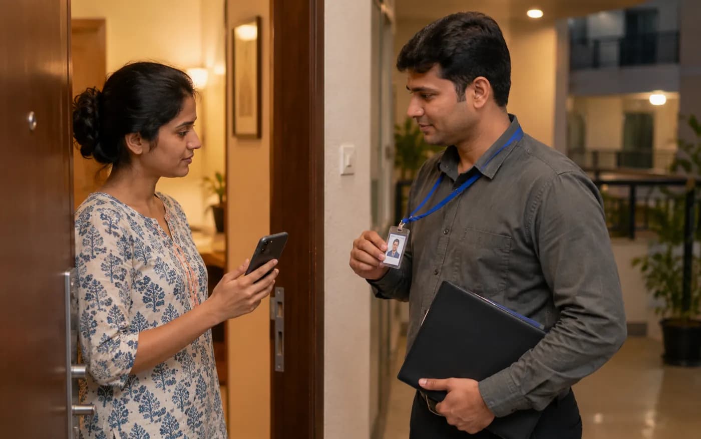 Borrower at her front door checking a recovery agent's ID under RBI guidelines for recovery agents