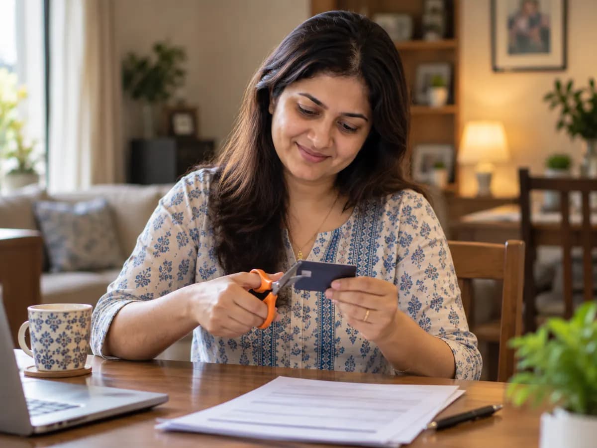 Borrower cutting an old credit card after credit card debt settlement